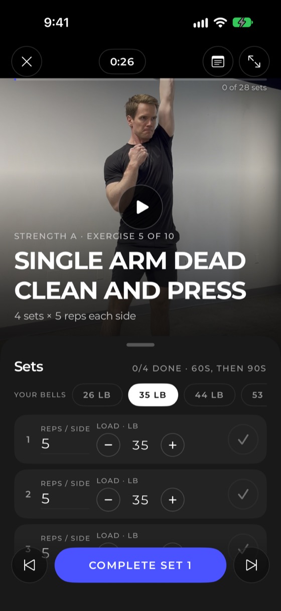 Workout player showing the Single Arm Dead Clean and Press with sets, reps and load